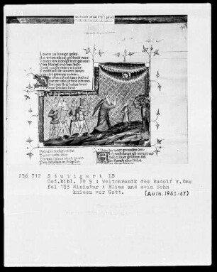 Weltchronik des Rudolf von Ems — Elias und sein Sohn knien vor Gott, Folio 193recto