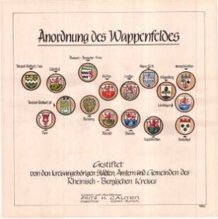 Anordnung des Wappenfeldes - gestiftet von den kreisangehörigen Städten, Ämtern und Gemeinden des Rheinisch-Bergischen Kreises