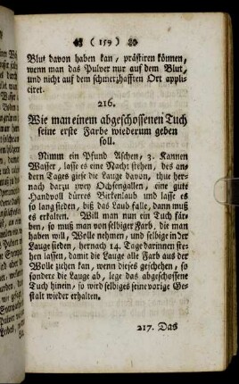 216. Wie man einem abgeschossenen Tuch seine erste Farbe wiederum geben soll. - 252. Eine besondere wohlriechende Seife zu machen.