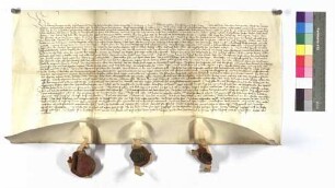 Pfalzgraf Ludwig bei Rhein verträgt Albrecht von Hohenlohe mit Cunz von Neideck wegen der Burg Neideck und Beutingen; Siegel der Pfalzgrafen, Hohenlohe und Neideck.
