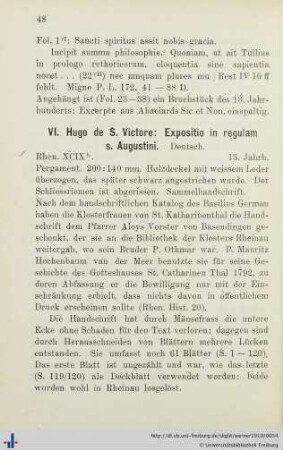 VI. Hugo de S. Victore: Expositio in regulam s. Augustini.