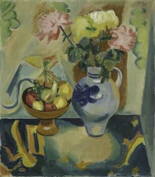 Stilleben mit Chrysanthemen und Früchten