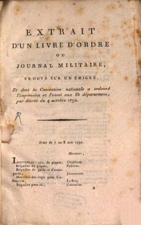 Extrait d'un livre d'ordre : ou Journal militaire