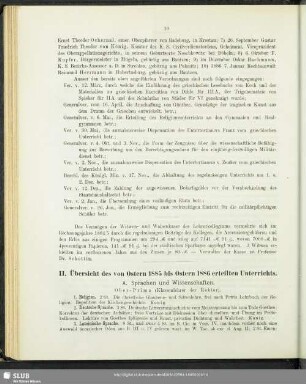II. Übersicht des von Ostern 1885 bis Ostern 1886 erteilten Unterrichts