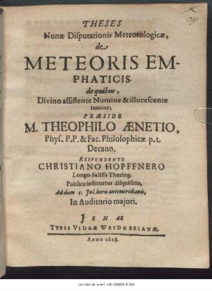 Theses Nonae Disputationis Meteorologicae, de Meteoris Emphaticis