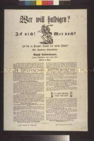 Satirisches Flugblatt: Wer will huldigen (Aujust Buddelmeyer)