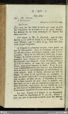 No. 229. Mrs. D. Freres, à Dunkerque. Memel le 18. Octobre 1785