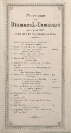 Programm zum Bismarck-Commers am 1. April 1895 in den Sälen des Bürgervereins zu Fulda