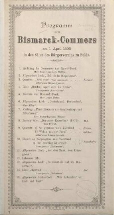 Programm zum Bismarck-Commers am 1. April 1895 in den Sälen des Bürgervereins zu Fulda