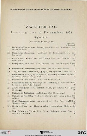 Zweiter Tag: Samstag, den 10. Dezember 1938, Beginn 15 Uhr (Nr. 225-448)