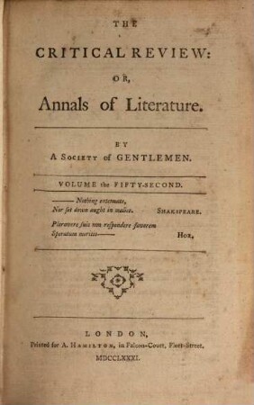 The critical review, or annals of literature. 52. 1781