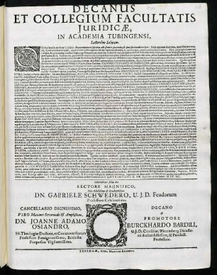 Decanus Et Collegium Facultatis Juridicae, In Academia Tubingensi, Lectoribus Salutem