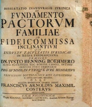 Dissertatio inauguralis iuridca de fundamento pactorum familiae ad fideicommissa inclinantium