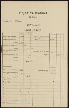 Dozenten-Manual für Herrn Professor Dr. Klein Sommer-Semester 1911. Schlußrechnung.