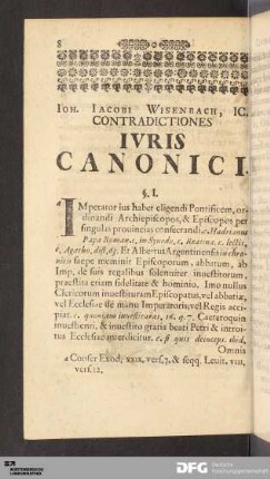 Ioh. Jacobi Wisenbach, IC. Contradictiones Ivris Canonici.