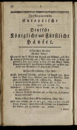 Itzt Regierende Europäische und Deutsche Königliche und Fürstliche Häuser