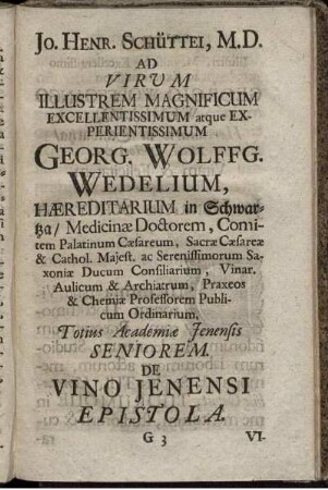 Jo. Henr. Schüttei, M. D. Ad Virum Illustrem Magnificum...