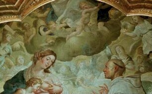 Der heilige Bernhard kniet vor Maria, die ihn mit der Milch der Weisheit nährt