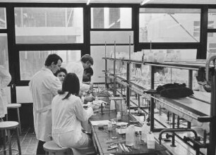 Marburg, Chemisches Institut (Hans-Meerwein-Straße), Labor mit Betreuer und Studenten