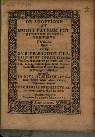 De adoptione et modis, patriam potestatem dissolventibus theses