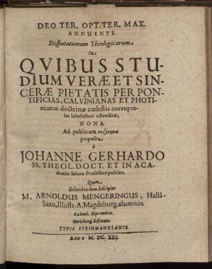 ... Disputationum Theologicarum ... Nona.