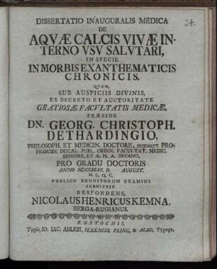 Dissertatio Inauguralis Medica De Aquæ Calcis Vivæ Interno Usu Salutari, In Specie In Morbis Exanthematicis Chronicis