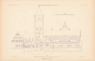 Karl Müllersches Volksbad, München: Schnitt durch die Eingangshalle und das Männerschwimmbad 1:250 (aus: Atlas zur Zeitschrift für Bauwesen, hrsg. v. Ministerium der öffentlichen Arbeiten, Jg. 52, 1902)