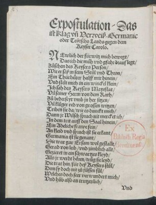 Expostulation - Das ist klag und Verweiß/ Germanie oder Teütschs Lands gegen dem Keyser Carolo.
