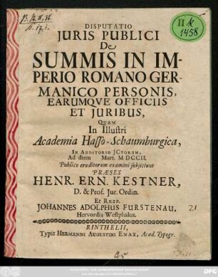 Disputatio Juris Publici De Summis In Imperio Romano Germanico Personis, Earumqve Officiis Et Juribus,