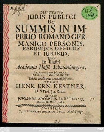 Disputatio Juris Publici De Summis In Imperio Romano Germanico Personis, Earumqve Officiis Et Juribus,