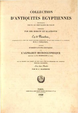 Collection d'antiquités égyptiennes recueillies par M. le chevalier de Palin