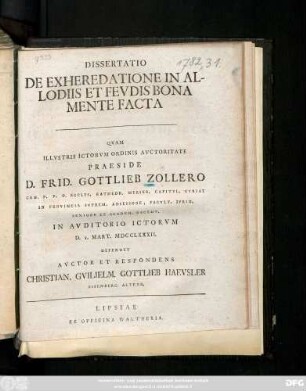 Dissertatio De Exheredatione In Allodiis Et Fevdis Bona Mente Facta