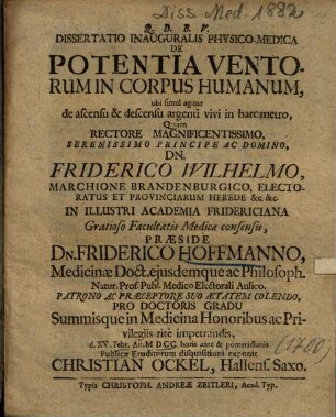 Dissertatio Inauguralis Physico-Medica De Potentia Ventorum In Corpus Humanum : ubi simul agitur de ascensu & descensu argenti vivi in barometro