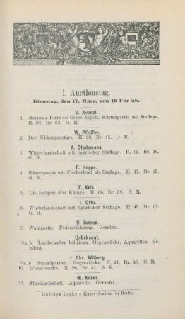 I. Auctionstag. Dienstag, den 17. März, von 10 Uhr ab