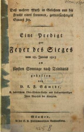 Predigt zur Feyer des Sieges vom 18. Jun. 1815