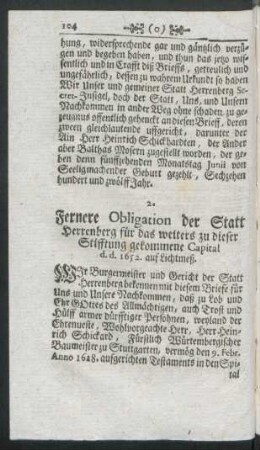 2. Fernere Obligation der Statt Herrenberg für das weiters zu dieser Stifftung gekommene Capital