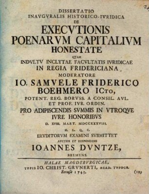 Diss. inaug. hist. iur. de executionis poenarum capitalium honestate