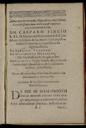 Admodum Reverendis, Magnificis [...] Dn Casparo Finkio [...]
