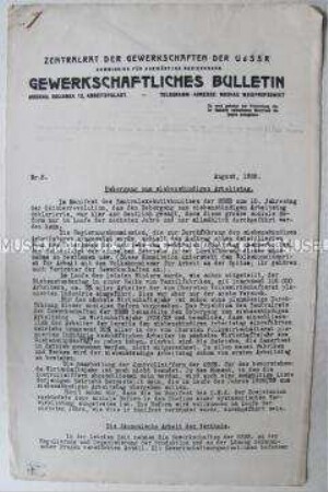 Bulletin des Zentralrats der sowjetischen Gewerkschaften für das Ausland u.a. zur Lage der Arbeiter in der UdSSR (Siebenstundentag)