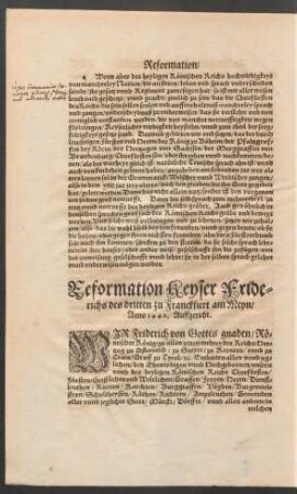 Reformation Keyser Friderichs des dritten zu Franckfurt am Meyn/ Anno 1442. Auffgericht.