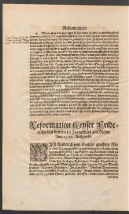 Reformation Keyser Friderichs des dritten zu Franckfurt am Meyn/ Anno 1442. Auffgericht.