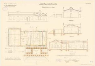 Kaserne für das Luftschiffer-Bataillon, Berlin-Jungfernheide: Compressoren-Haus: Grundriss Längsschnitt Querschnitt Seitenansicht Giebelansicht 1:100