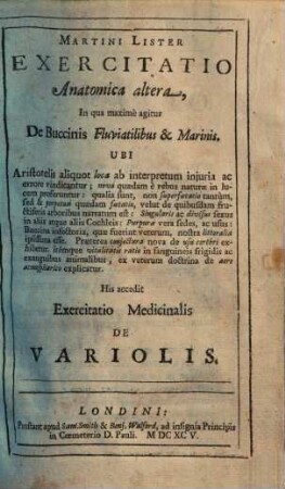 Martini Lister Exercitatio Anatomica. 2, altera