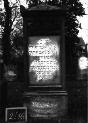 Grabstein 44 (Index: 99804815) Material: Sandstein Zustand: vor allem Sockel verwittert Maße HxBxT: 164x64x23 cm Beschreibung: Stele, Sockel, Giebel mit Eckakroteren, eingetieftes Schriftfeld rechteckig Symbolik: Eichblätter mit Eicheln: Grabstein 2/16
