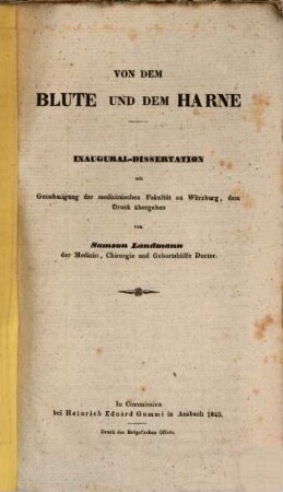 Von dem Blute und dem Harne : Inaugural-Dissertation ...