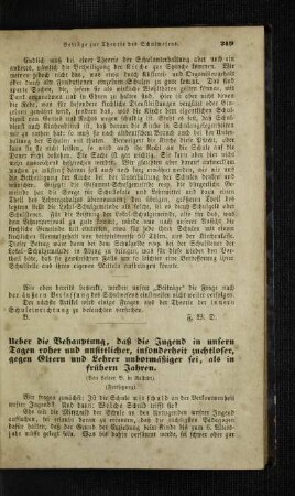 Ueber die Behauptung, daß die Jugend in unsern Tagen roher und unsittlicher, insonderheit zuchtloser, gegen Eltern und Lehrer unbotmäßiger sei, als in frühern Jahren : (Fortsetzung)