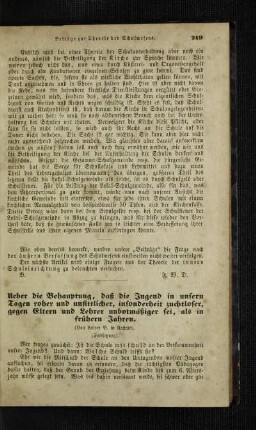 Ueber die Behauptung, daß die Jugend in unsern Tagen roher und unsittlicher, insonderheit zuchtloser, gegen Eltern und Lehrer unbotmäßiger sei, als in frühern Jahren : (Fortsetzung)
