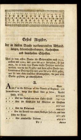 Erstes Register, der in diesem Bande vorkommenden Abhandlungen, Lebensbeschreibungen, Nachrichten und beurtheilten Schriften