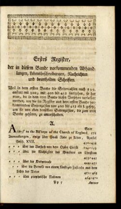 Erstes Register, der in diesem Bande vorkommenden Abhandlungen, Lebensbeschreibungen, Nachrichten und beurtheilten Schriften