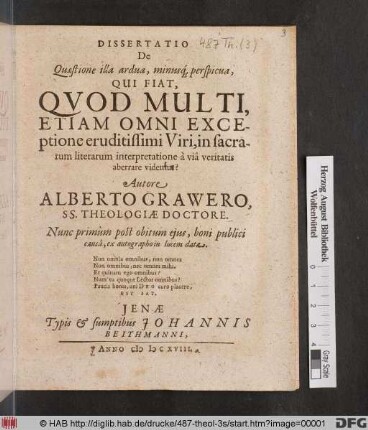 Dissertatio De Quaestione illa ardua, minusq[ue] perspicua, Qui Fiat, Quod Multi, Etiam Omni Exceptione eruditissimi Viri, in sacrarum literarum interpretatione a via veritatis aberrare videmus?